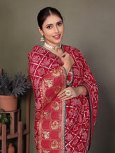 maroon Gujarati Bandhej hand print saree with KUTCHI embroidery